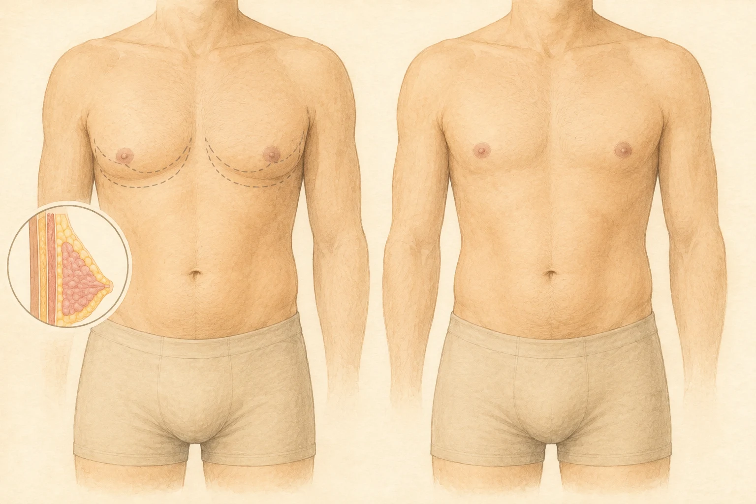 Medical illustration of male chest contour planning for a gynecomastia surgery guide