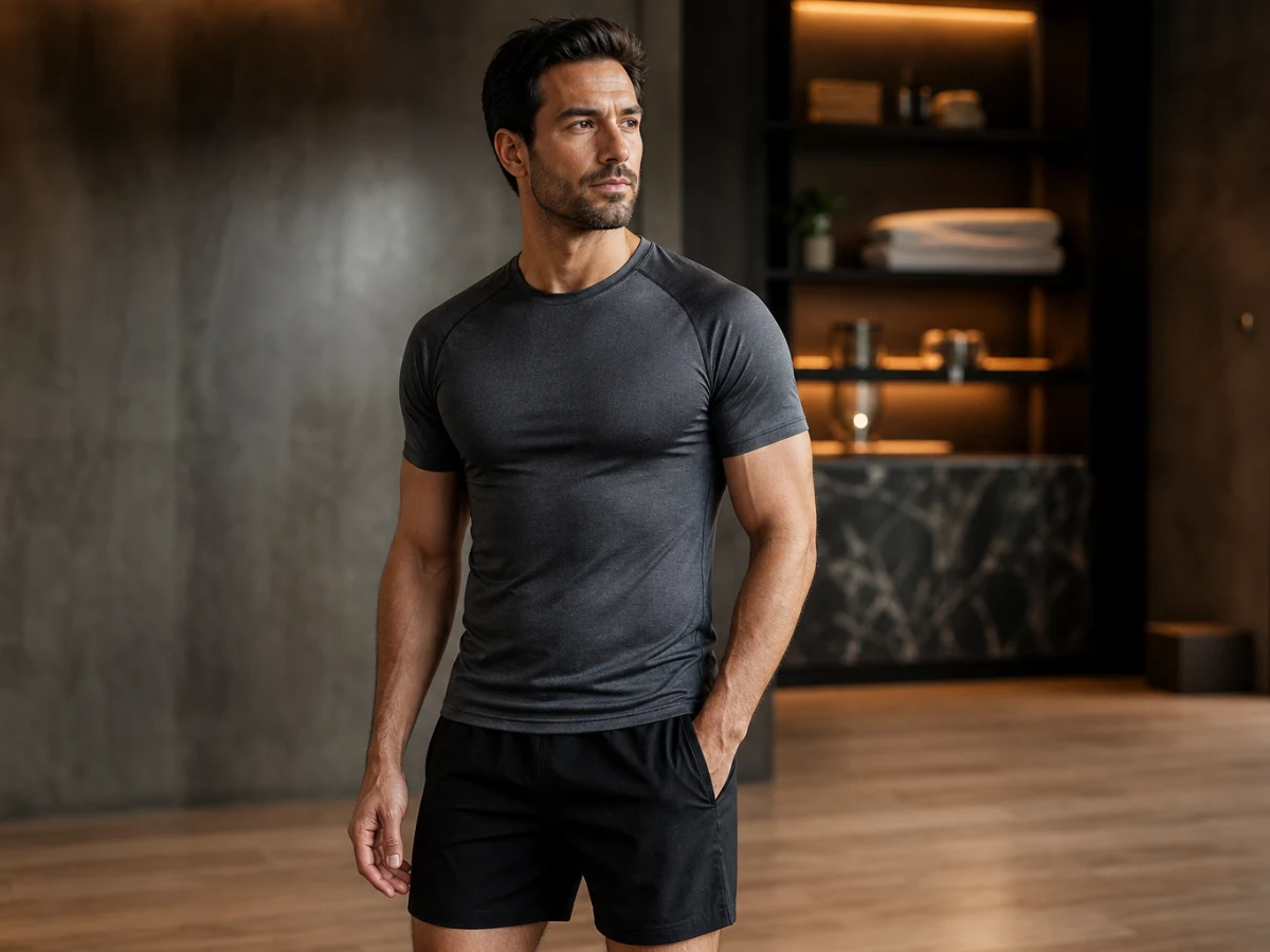 Adult man in opaque activewear, illustrative image for a 360 liposuction and gynecomastia package