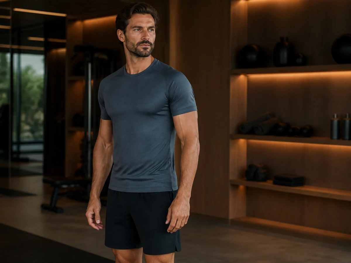 Adult man in opaque activewear, illustrative image for a gynecomastia package