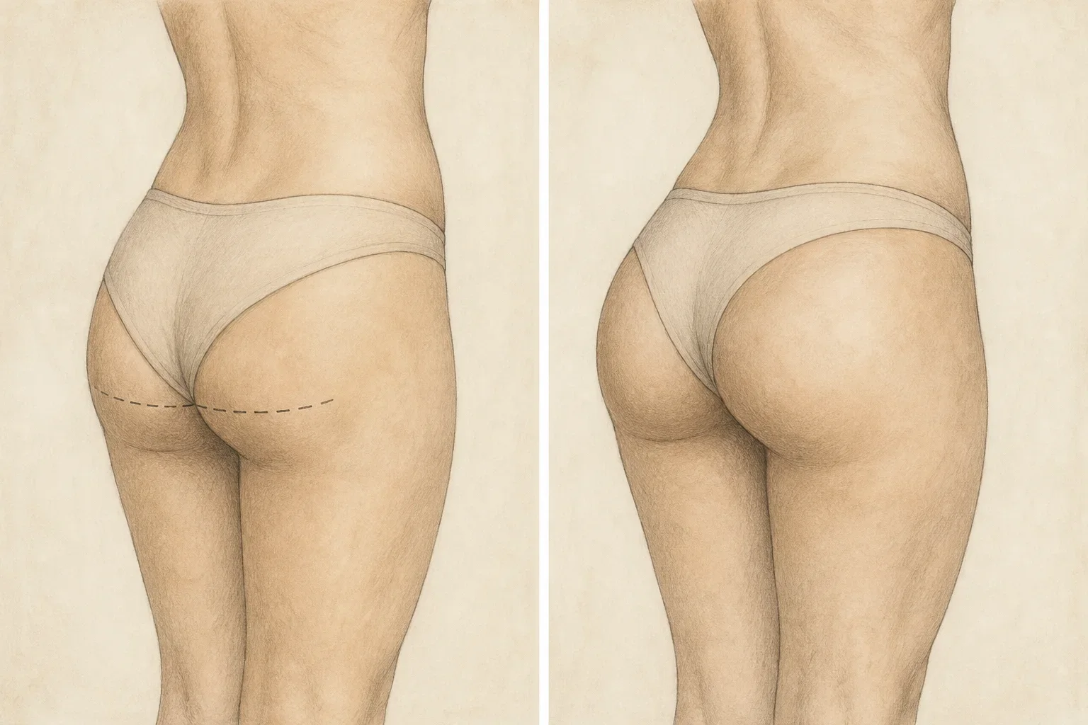 Medical illustration of buttock implant placement planning