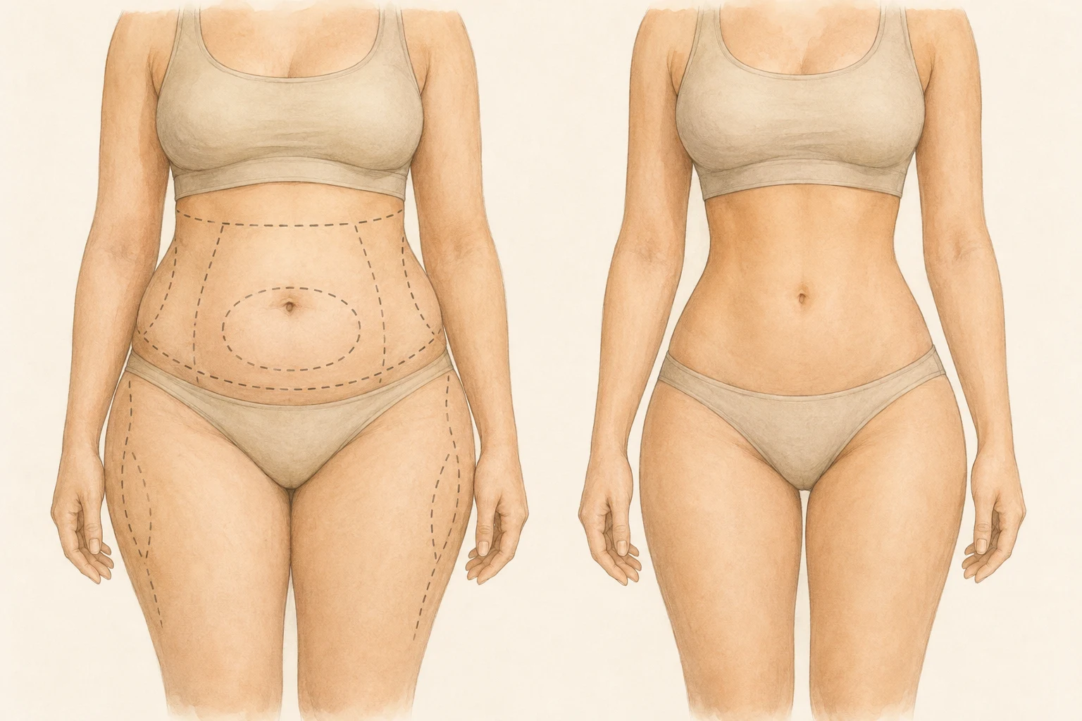 Medical illustration of combined abdominal and thigh contour planning for a mommy makeover